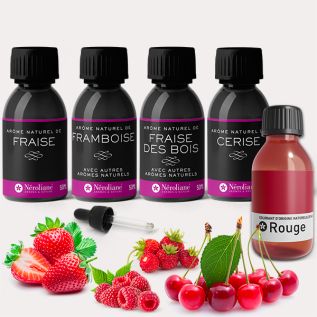 Geschenkpackung 4 natürliche Aromen rote Früchte 50 ml, roter Farbstoff 30 ml + 1 kostenlose Pipette